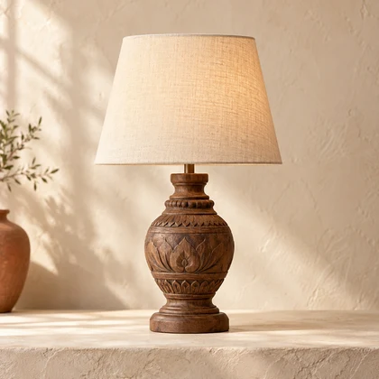 Hand-carved wooden table lamp