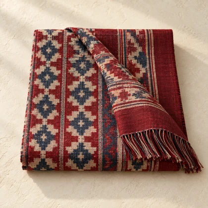 Folded crimson and indigo Dhaka textile