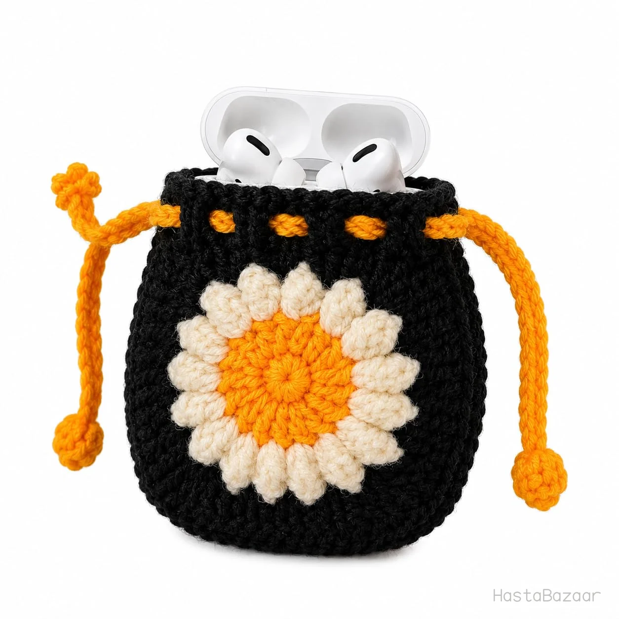 Black, Orange & Cream Crochet Daisy Drawstring Earbuds Pouch