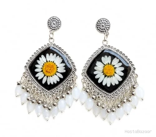 Aaroh Real Daisy Black Resin Oxidised Drop Earrings