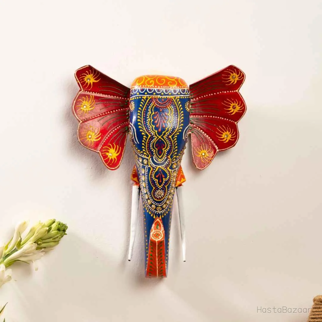 ATRANGI STUDIO Handpainted Wooden Elephant Wall Hanging - Blue, 11 Inch