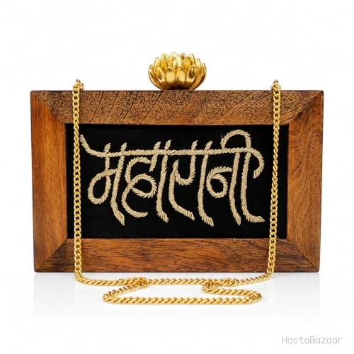 Maresse Brown Mango-Wood Maharani-Embroidered Clutch