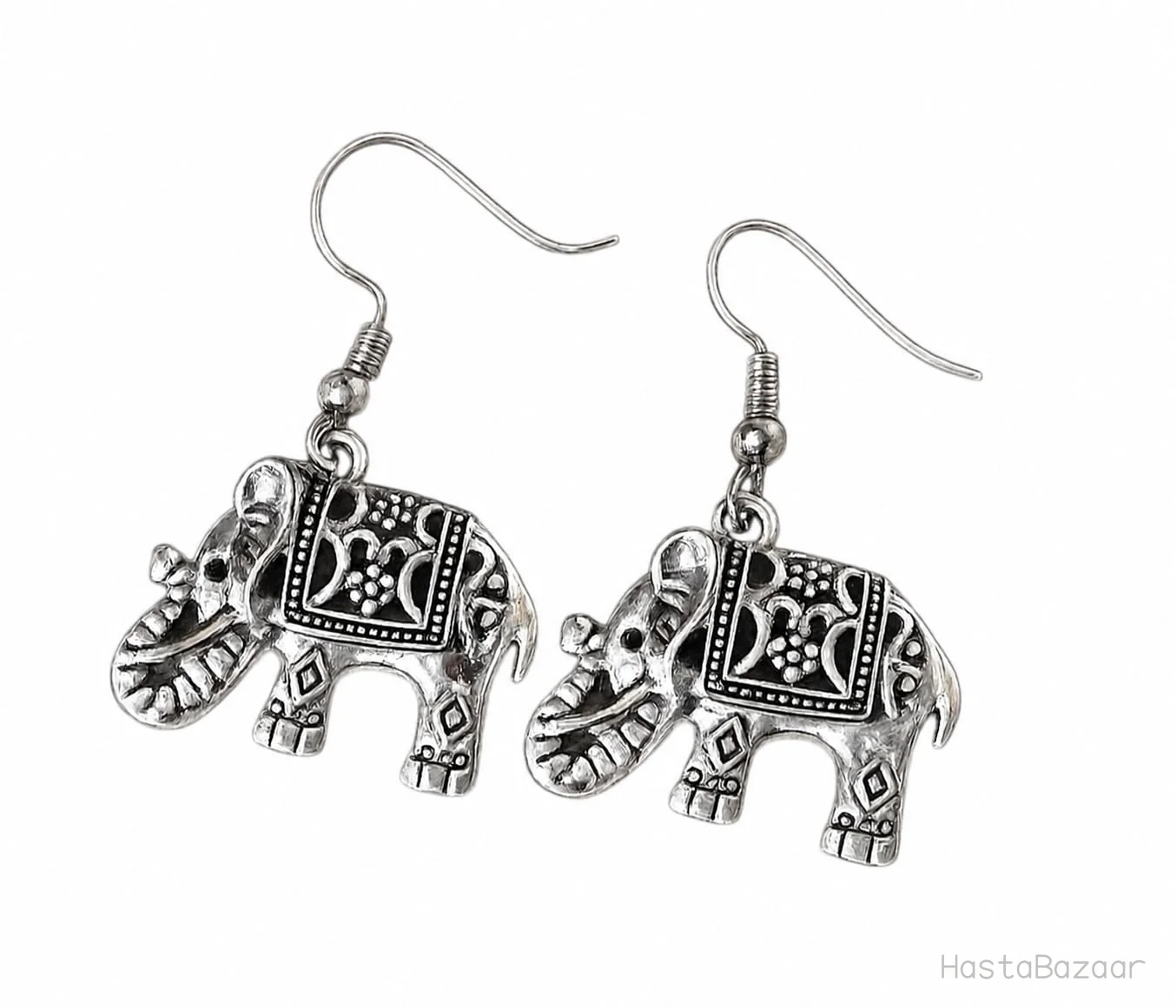 Oxidised Silver-Tone Elephant Charm Drop Earrings