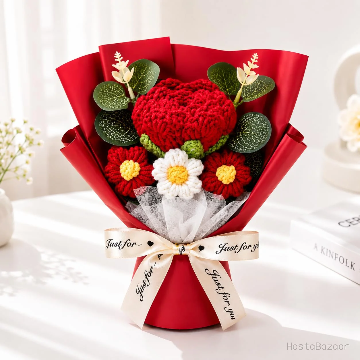 TIED RIBBONS Red Crochet Flower Bouquet