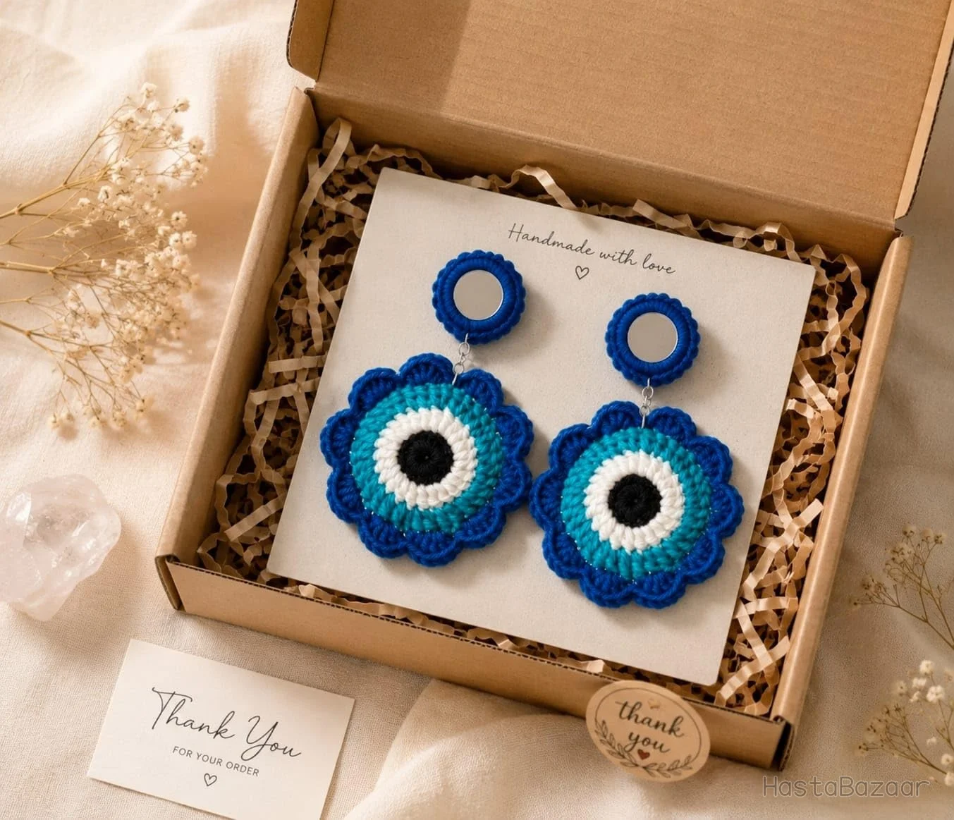 Luminara Atelier Blue Crochet Evil Eye Drop Earrings