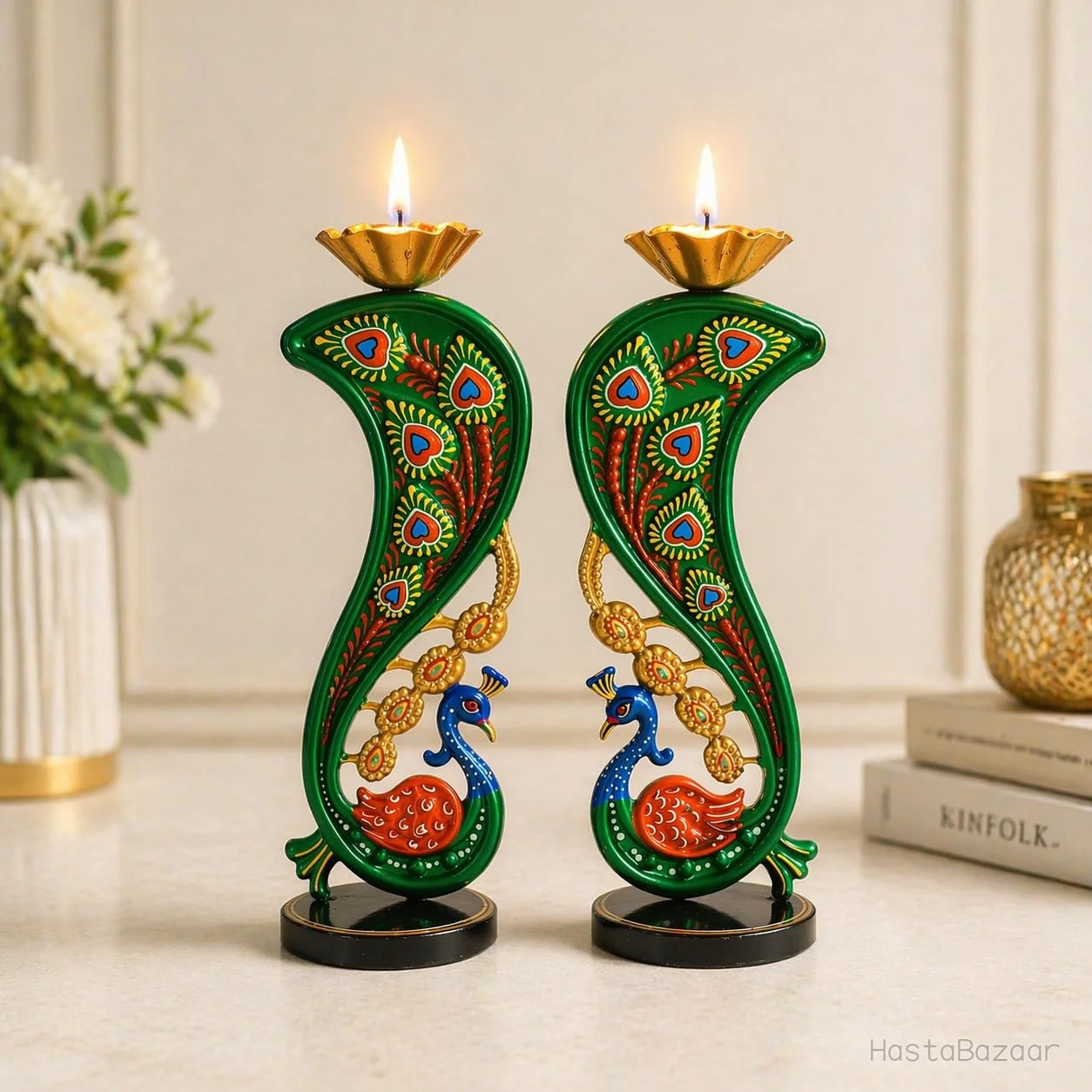 CraftVatika Handpainted Peacock Tealight Holders - Set of 2