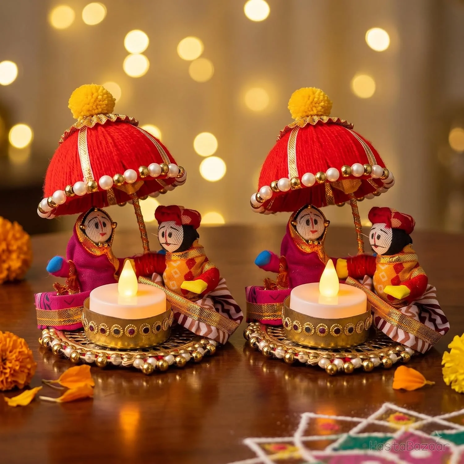 JH Gallery Raja Rani Tealight Holders - Multicolour, Pack of 2