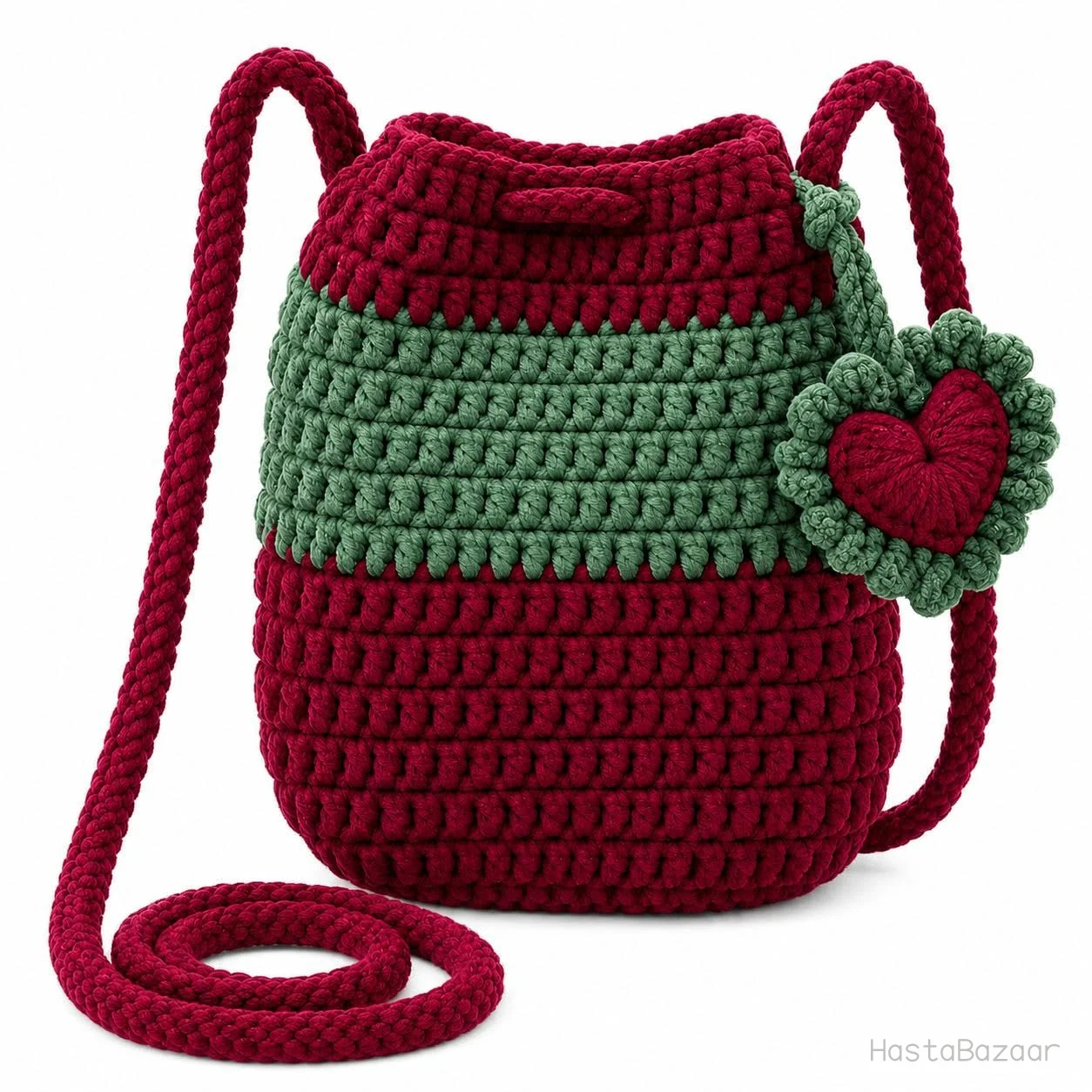 Burgundy & Green Crochet Heart-Appliqué Bucket Bag