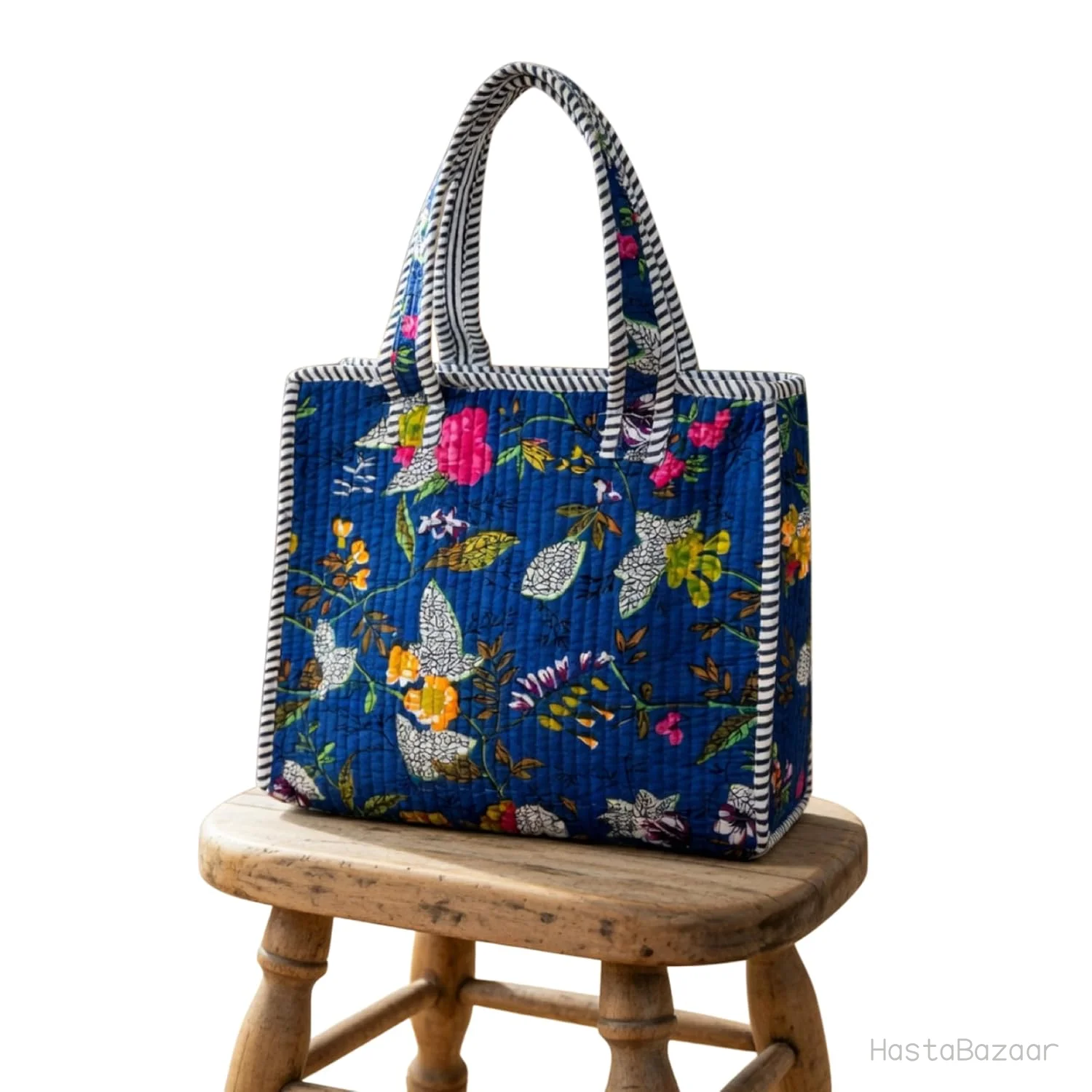 THREADORA LIVING Indigo Garden Quilted Cotton Tote Bag