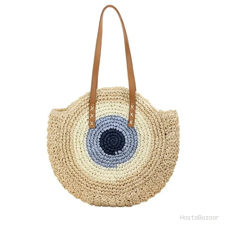 MAIRO LIFESTYLE Handmade Straw Evil Eye Shoulder Bag - Beige