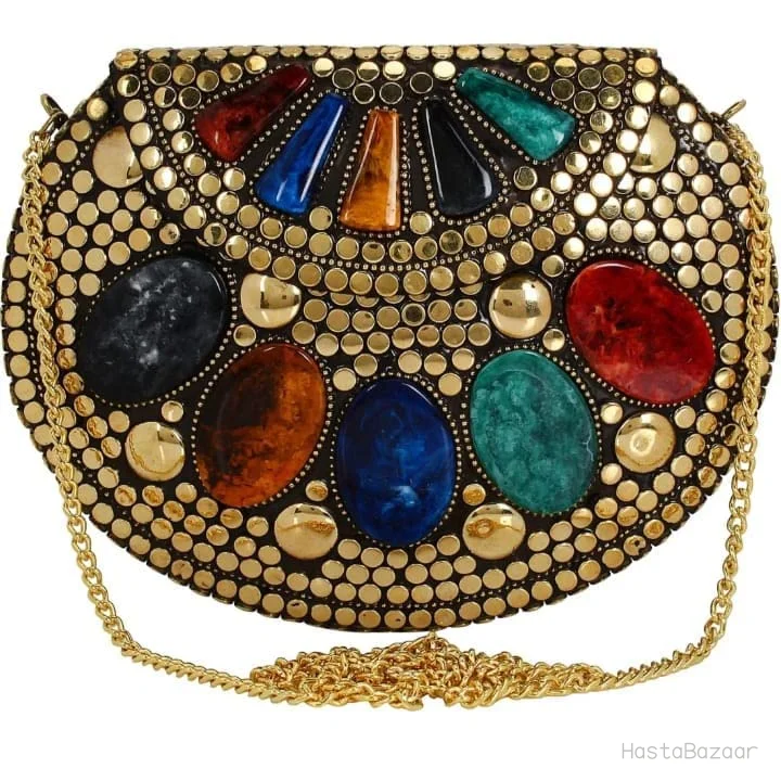 SHAKUNTLA VINTAGE Antique-Brass Stone-Mosaic Bridal Clutch