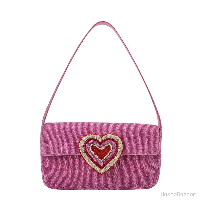 Boho Girl Pink Heart-Embellished Beaded Shoulder Bag